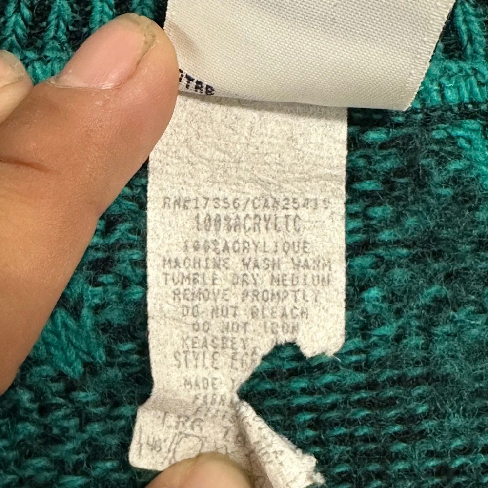 Basics Sweater Mens Size S Teal Textured Knit V-Neck Long Sleeve Geometric